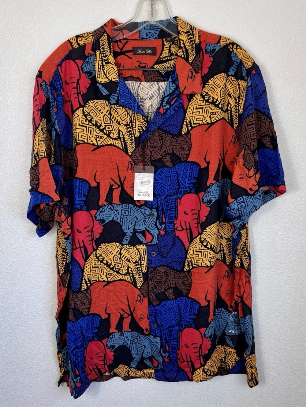NWT Tasso Elba Island Multicolored Elephant Print Silk Blend Button Up Size XXL